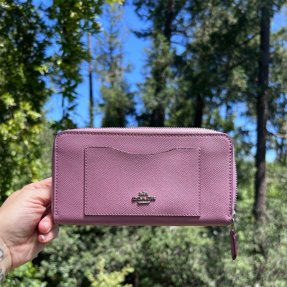 COACH Long Zip-Around Purple Crossgrain Leather Wallet Silver Hardware AUTHENTIC